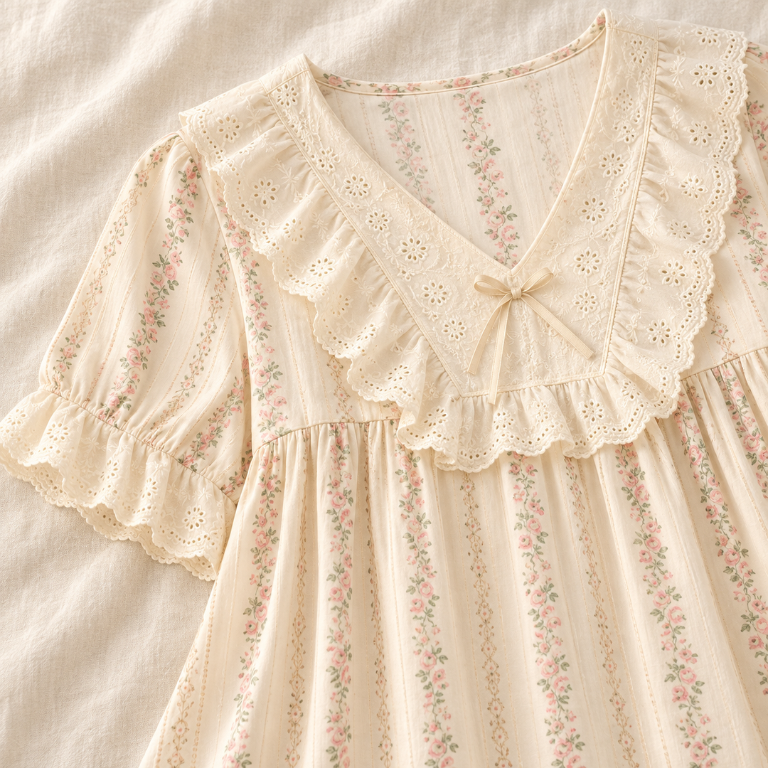 Cotton Nightgown for Women, Floral Print with Ruffle Collar