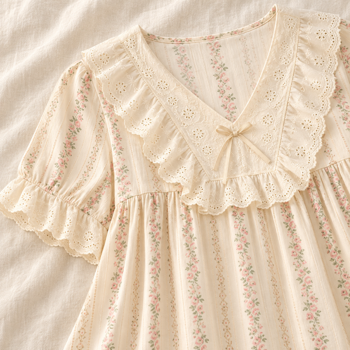 Cotton Nightgown for Women, Floral Print with Ruffle Collar