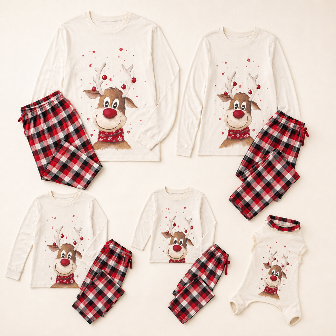 Cream Family Christmas Pajamas, Reindeer Top and Red Plaid Pants – photo 4
