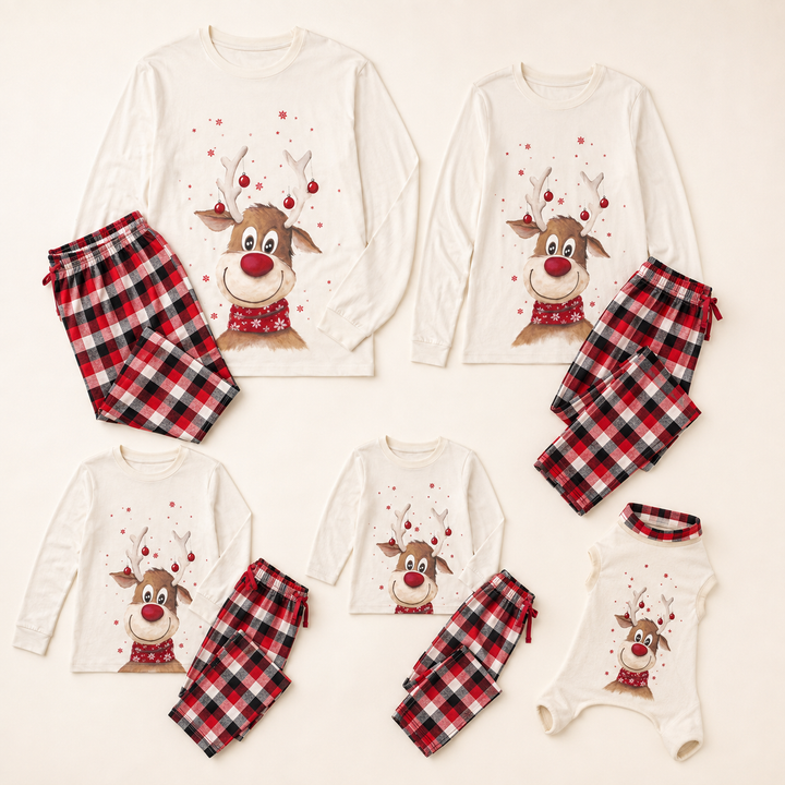 Cream Family Christmas Pajamas, Reindeer Top and Red Plaid Pants – photo 4