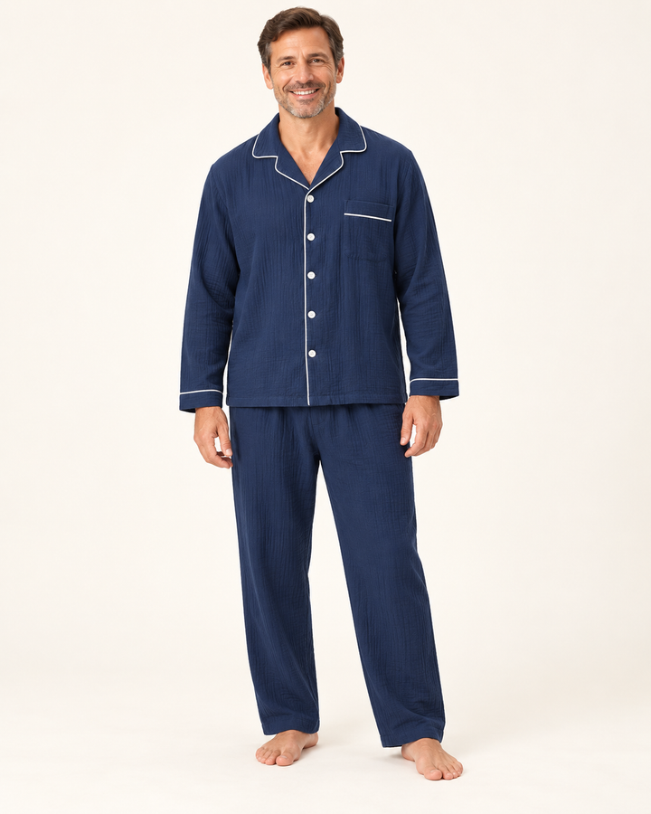 Matching Couples Pajamas, 100% Cotton Muslin Long Sleeve Button Set