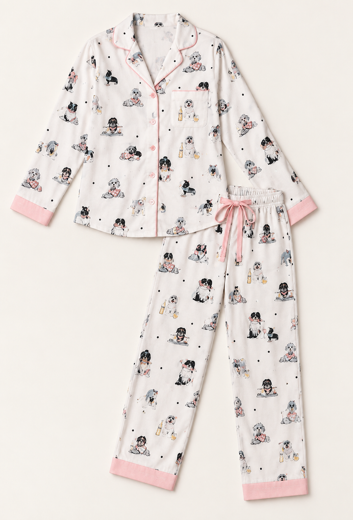 Dog Print Cotton Pajama Set for Women, Long Sleeve