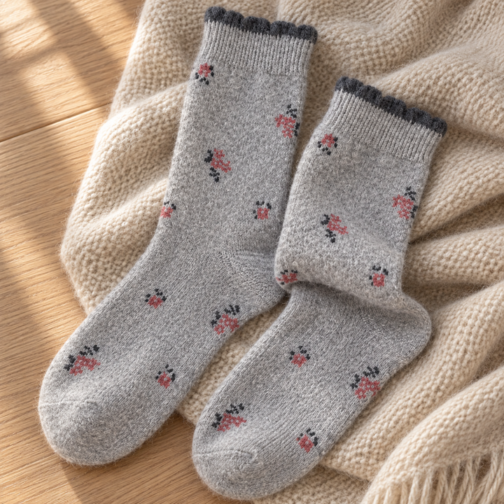 Wool Crew Socks for Women, Floral Knit with Lace Trim