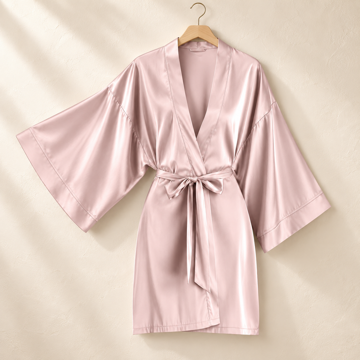 Satin Kimono Robe for Women, Short Wrap Robe with Wide Sleeves