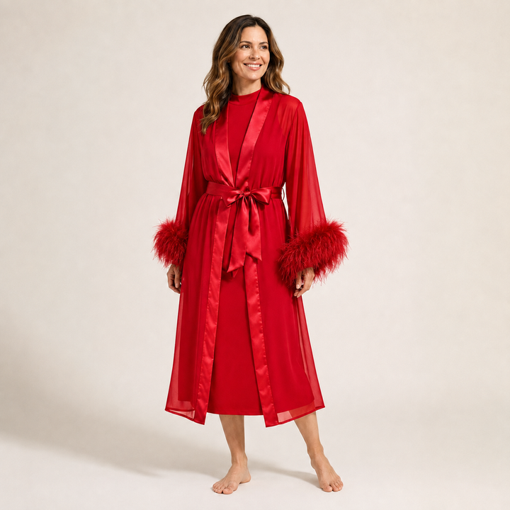 Sheer Feather Trim Robe - Long Sleeve