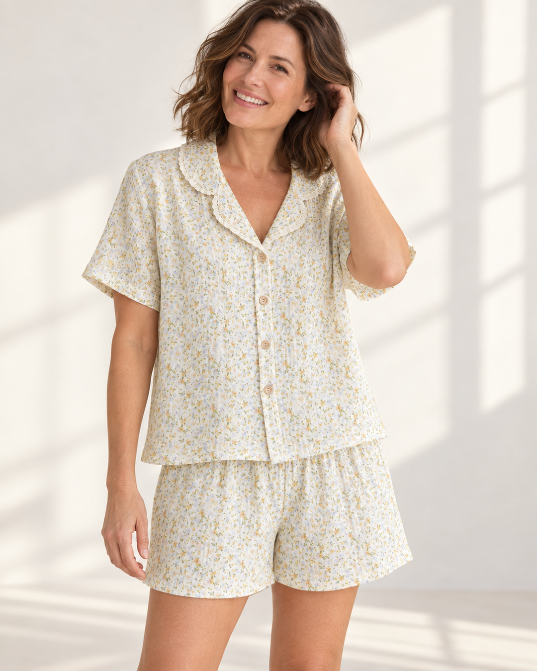 100% Cotton Muslin Short Pajama Set for Women, Floral Lace Collar