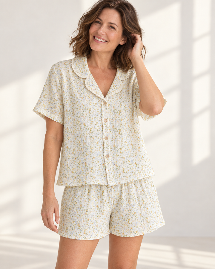 100% Cotton Muslin Short Pajama Set for Women, Floral Lace Collar