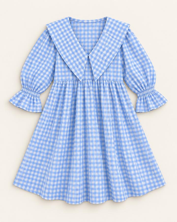 100% Cotton Plaid House Dress in Light Blue, Puff Sleeve