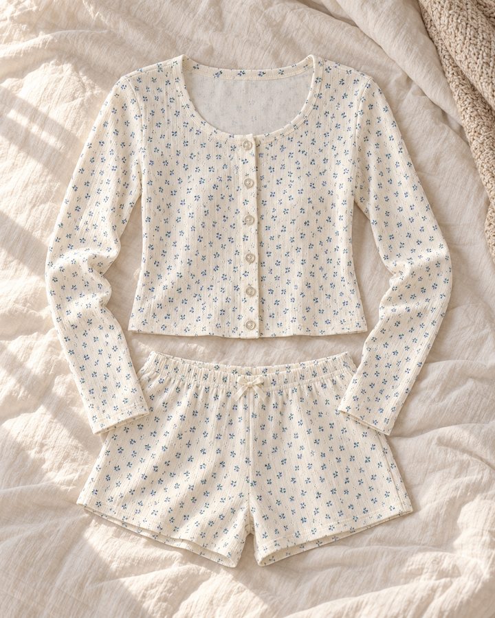Pointelle Knit Pajama Set for Women, Floral Top &amp; Shorts