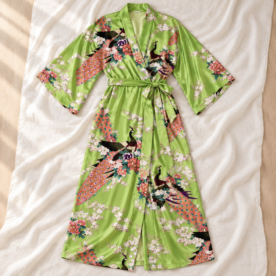 Long Satin Kimono Robe for Women, Peacock Print with Tie Belt