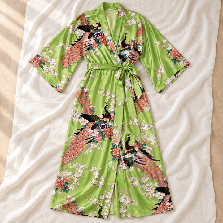 Long Satin Kimono Robe for Women, Peacock Print with Tie Belt
