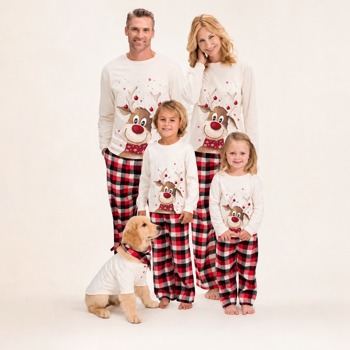 Cream Family Christmas Pajamas, Reindeer Top and Red Plaid Pants – photo 3