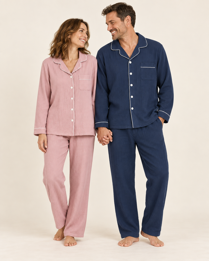 Matching Couples Pajamas, 100% Cotton Muslin Long Sleeve Button Set