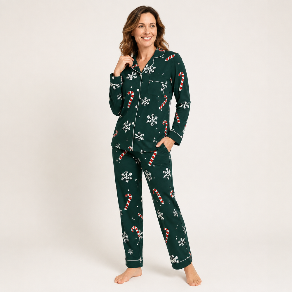 Christmas Pajama Set for Women, Lapel Collar and Long Pants – photo 2