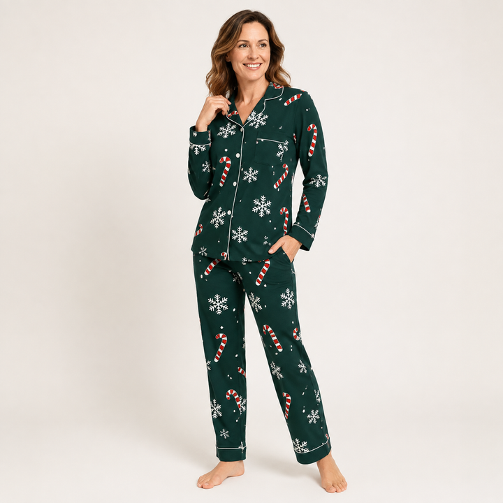 Christmas Pajama Set for Women, Lapel Collar and Long Pants – photo 2
