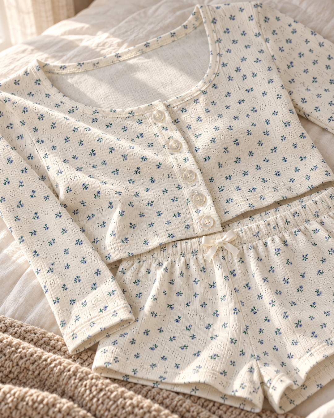 Pointelle Knit Pajama Set for Women, Floral Top &amp; Shorts