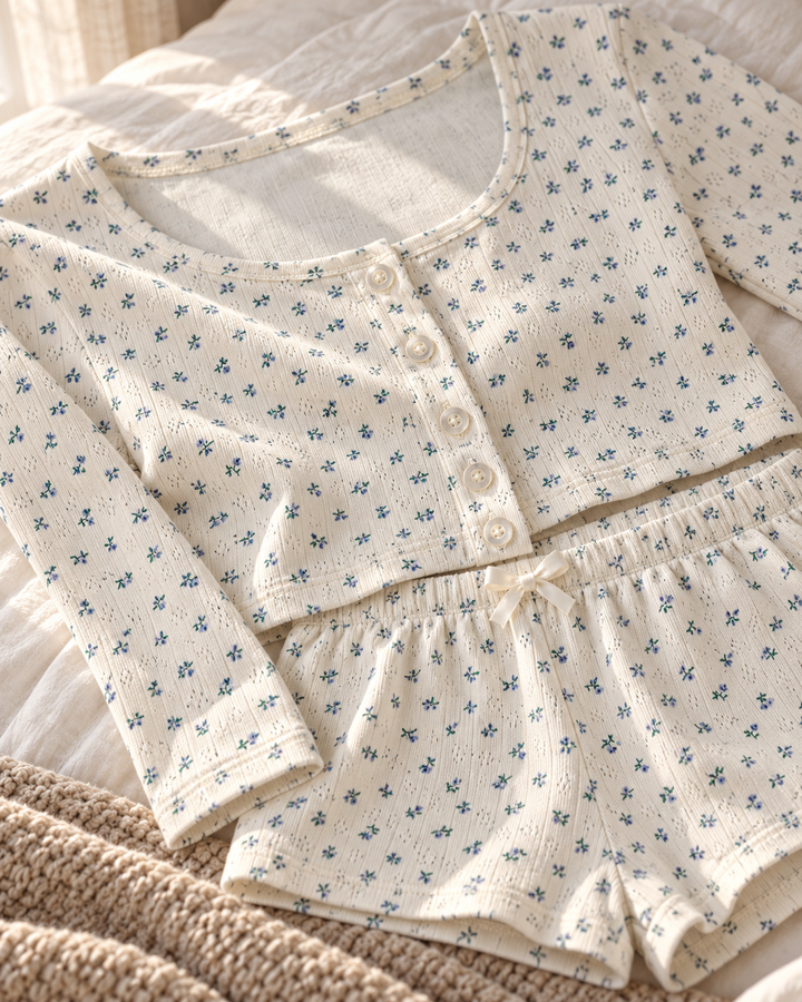 Pointelle Knit Pajama Set for Women, Floral Top &amp; Shorts