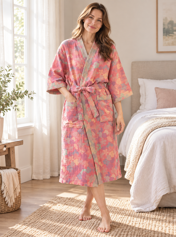 Cotton Gauze Robe for Women, Floral Print Kimono Wrap
