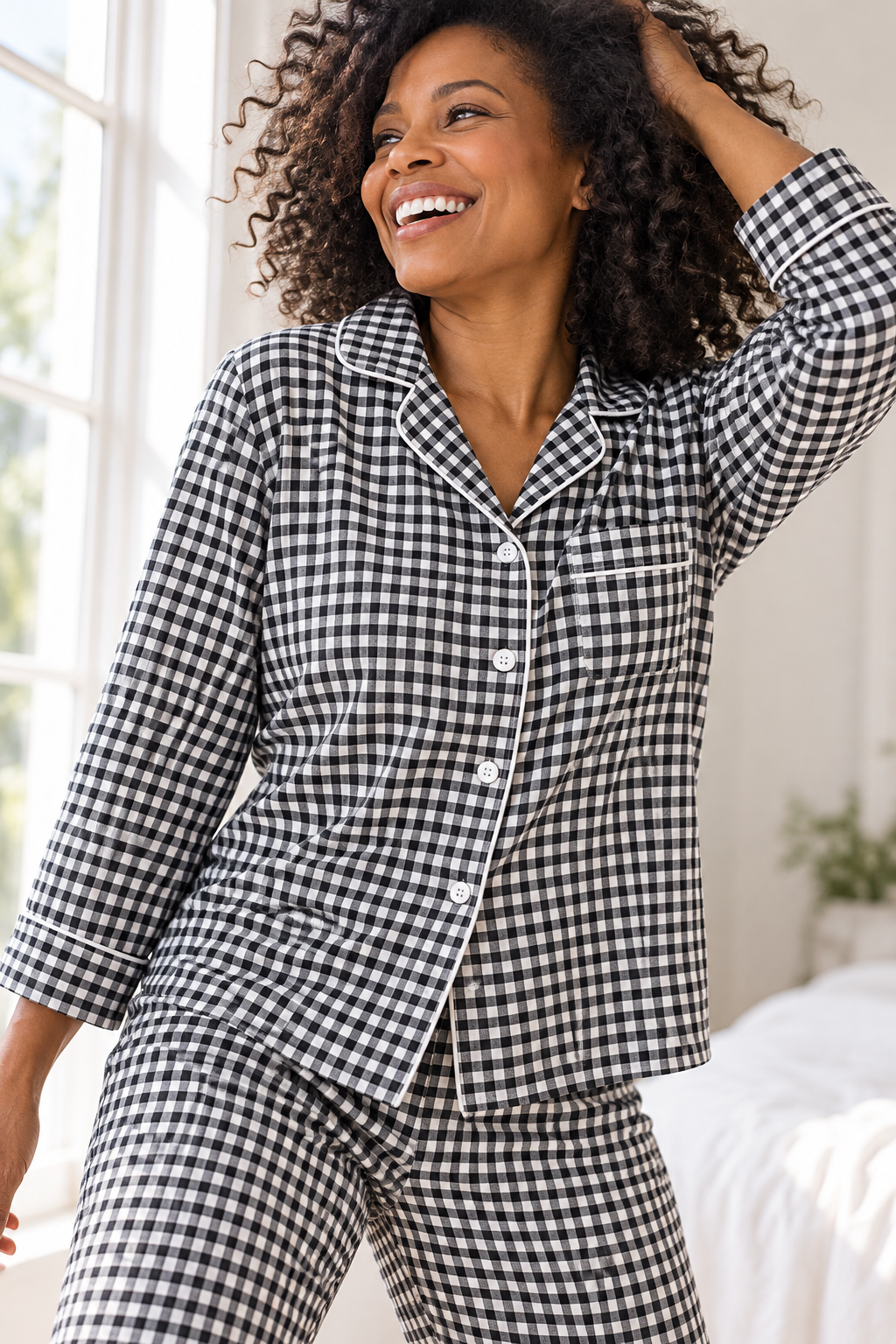 100% Cotton Double Gauze Pajama Set for Women, Plaid Long Sleeve