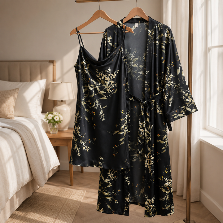 Satin Robe and Short Set - Three Piece