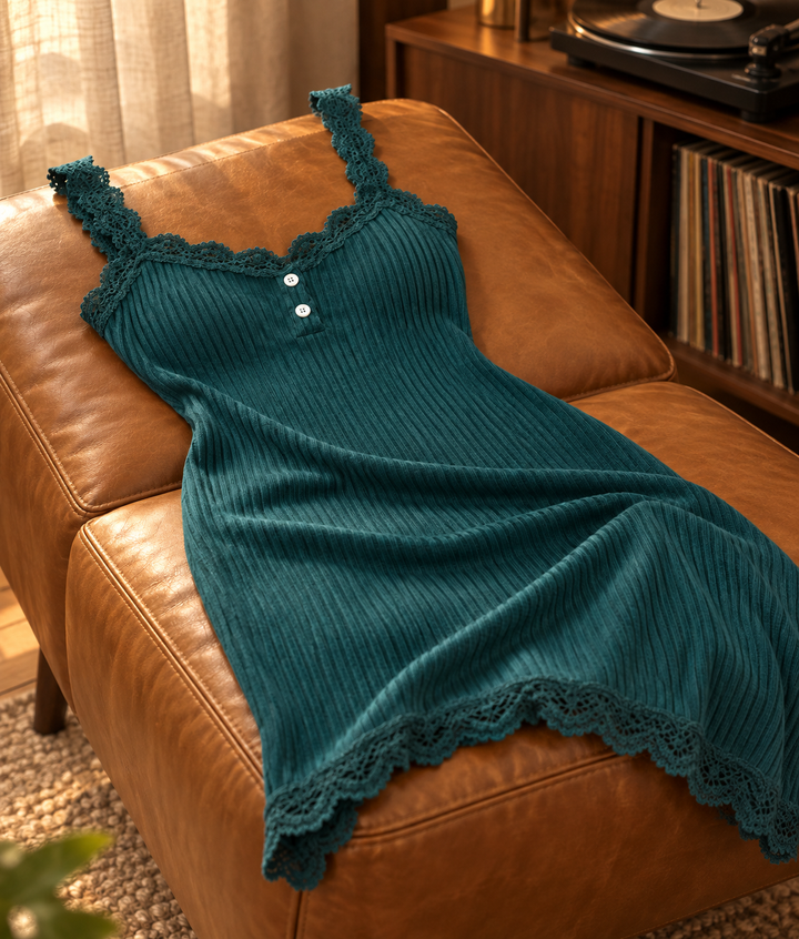 Cotton Blend Ribbed Chemise Nightgown, Lace Trim