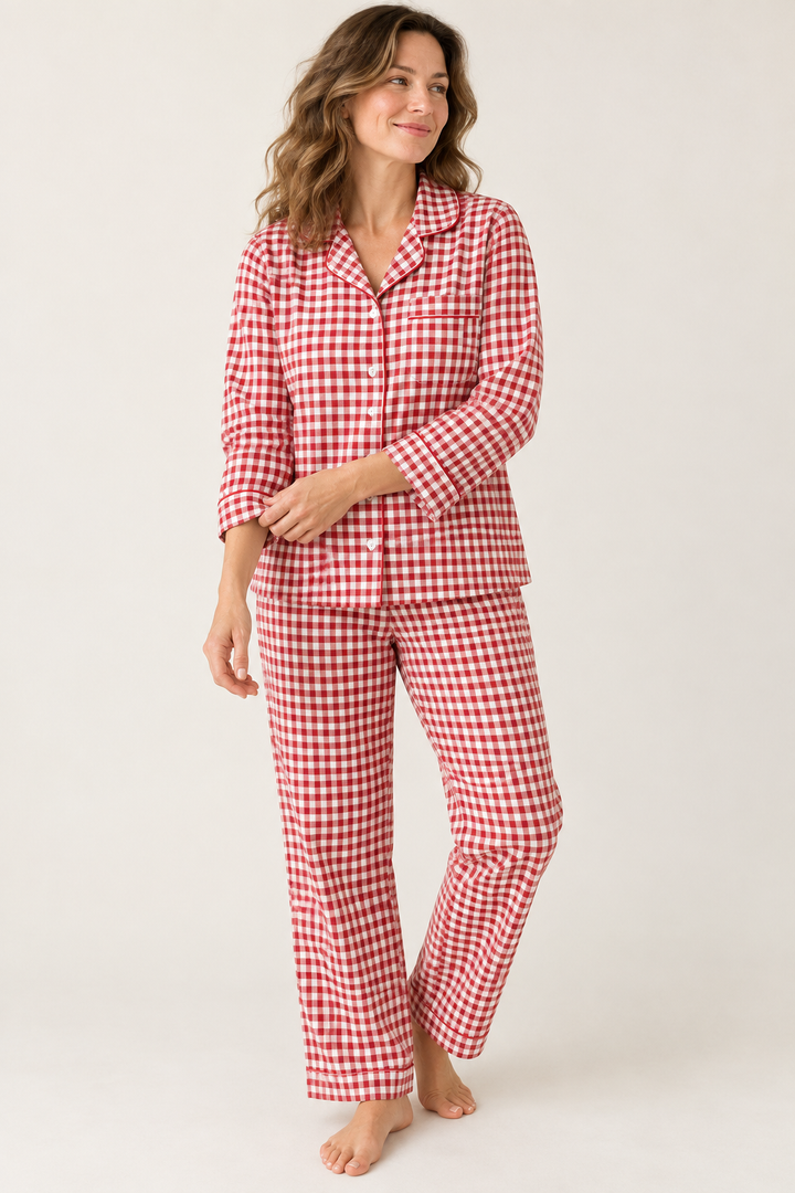 100% Cotton Double Gauze Pajama Set for Women, Plaid Long Sleeve
