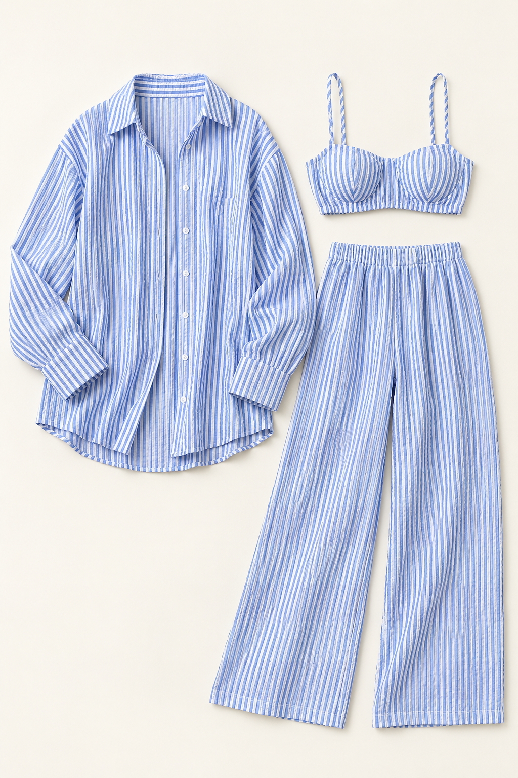 Cotton Blend Striped Pajama Set, 3-Piece with Oversized Shirt