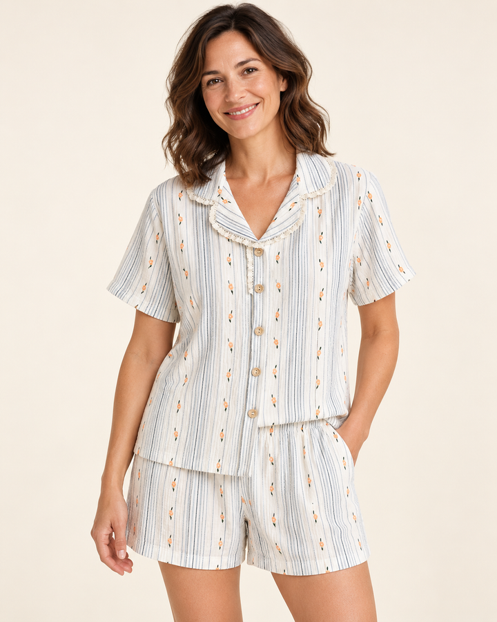100% Cotton Muslin Short Pajama Set for Women, Floral Lace Collar