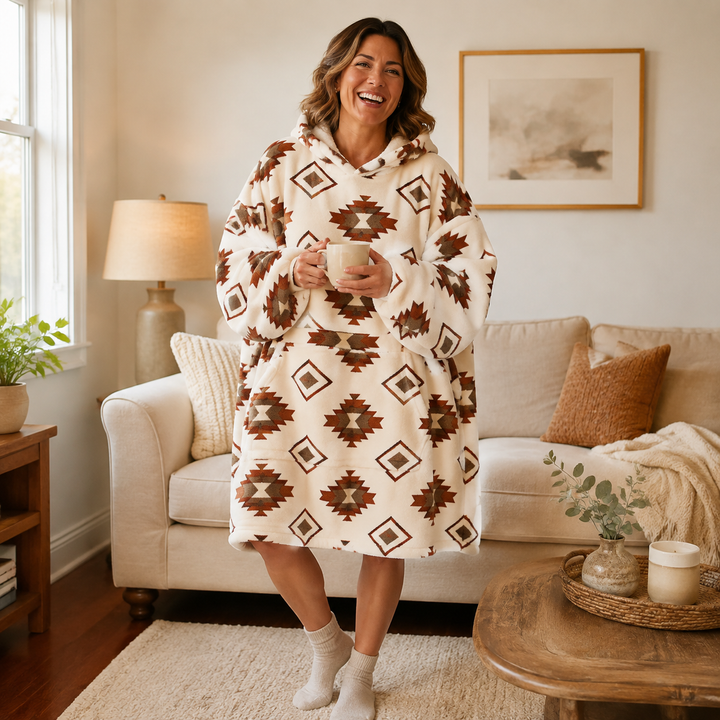 Giant hoodie blanket with a deep hood up