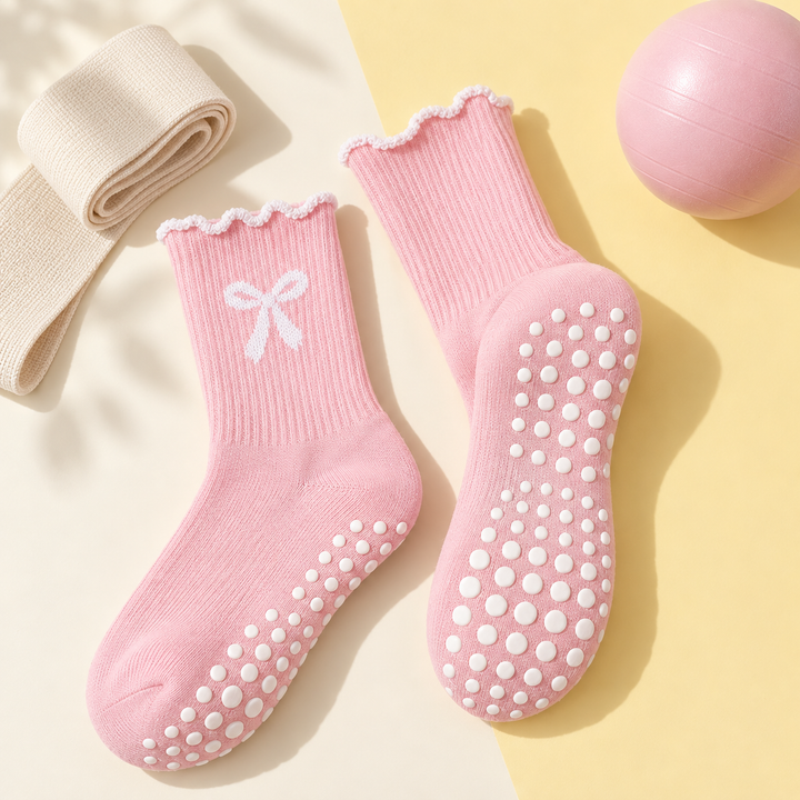 Pilates Grip Socks for Women, Non Slip Crew with Bow Detail