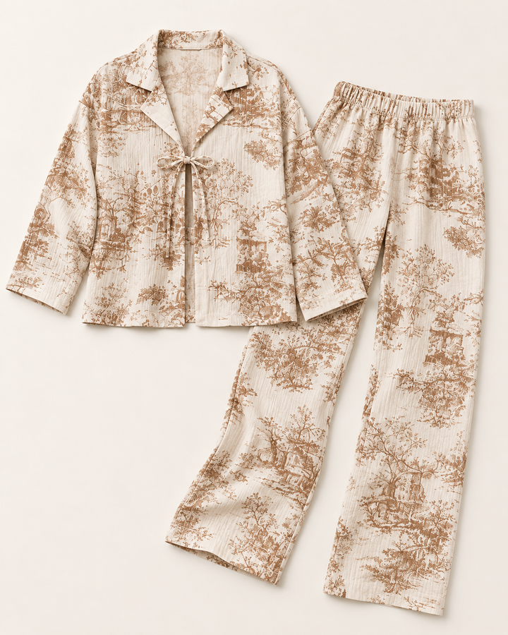 Toile Print Cotton Pajama Set for Women, Front Tie