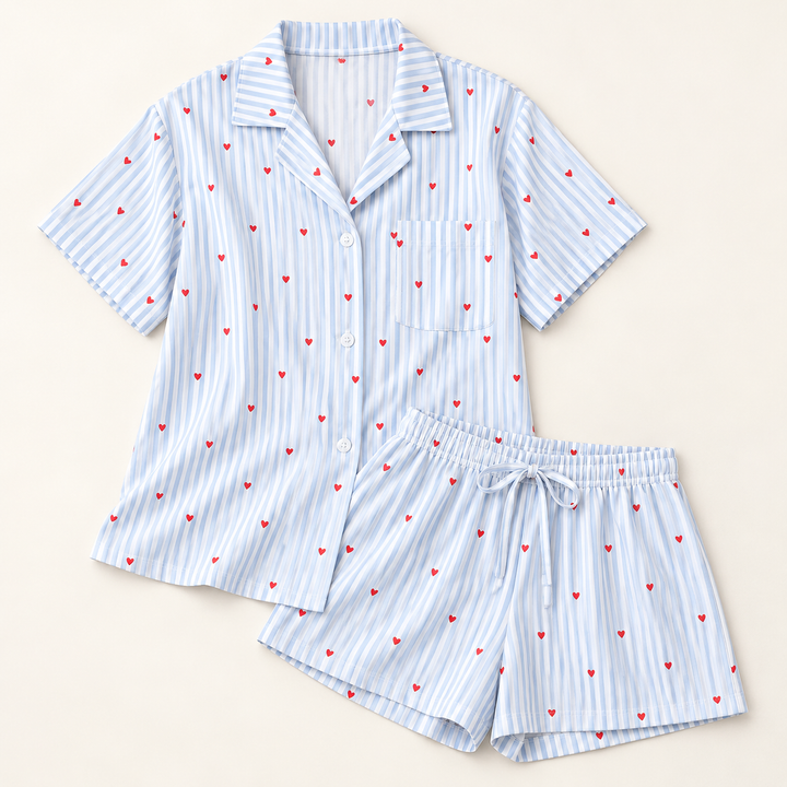 Striped Pajama Set for Women, Printed Button-Down Top &amp; Shorts