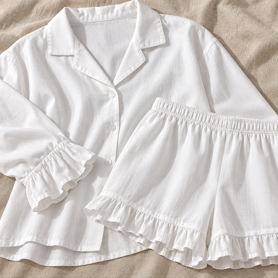 100% Cotton Ruffle Pajama Set for Women, Long Sleeve &amp; Shorts