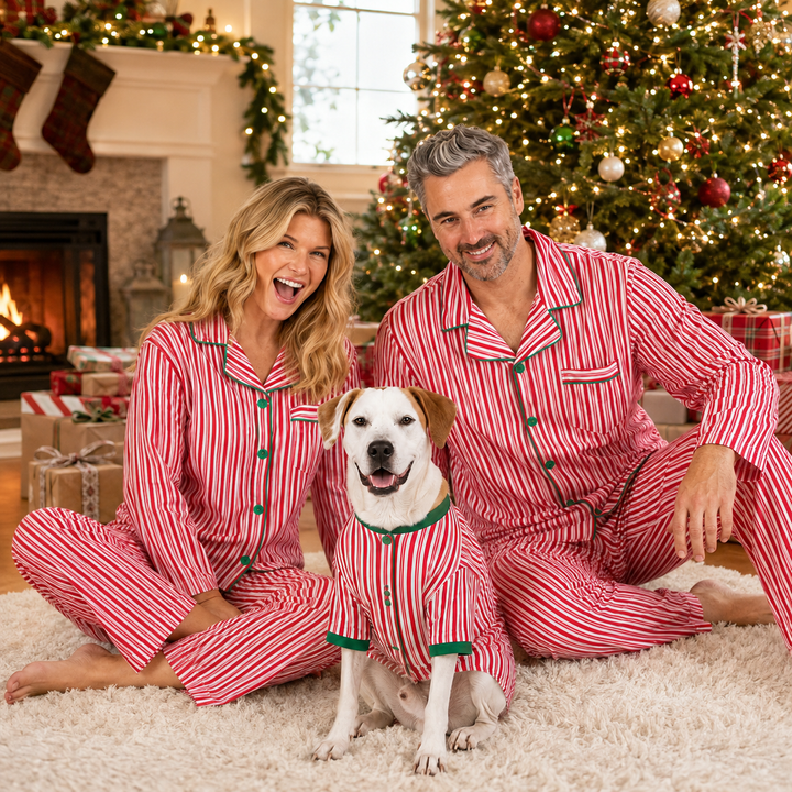 Pink Striped Christmas Family Pajamas, Matching Adult and Dog Sets