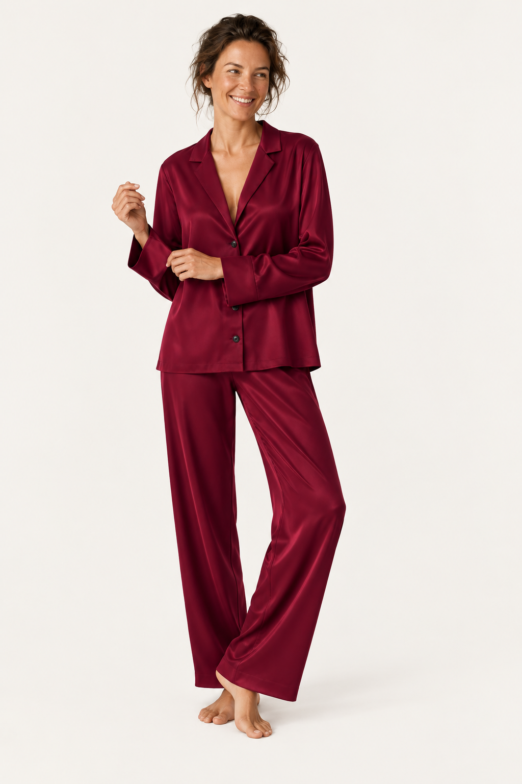 Satin Wide-Leg Pajama Set for Women, Button-Up