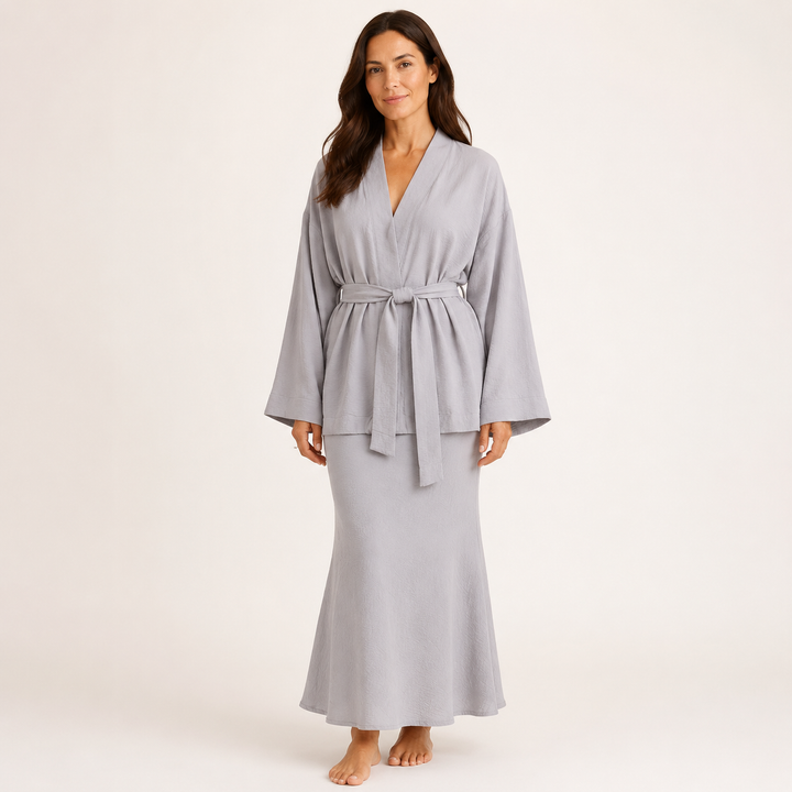 Gray Kimono Robe Set for Women, Belted Wrap and Matching Skirt