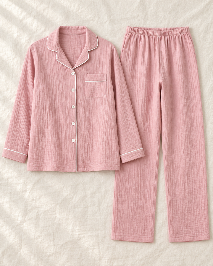 Matching Couples Pajamas, 100% Cotton Muslin Long Sleeve Button Set
