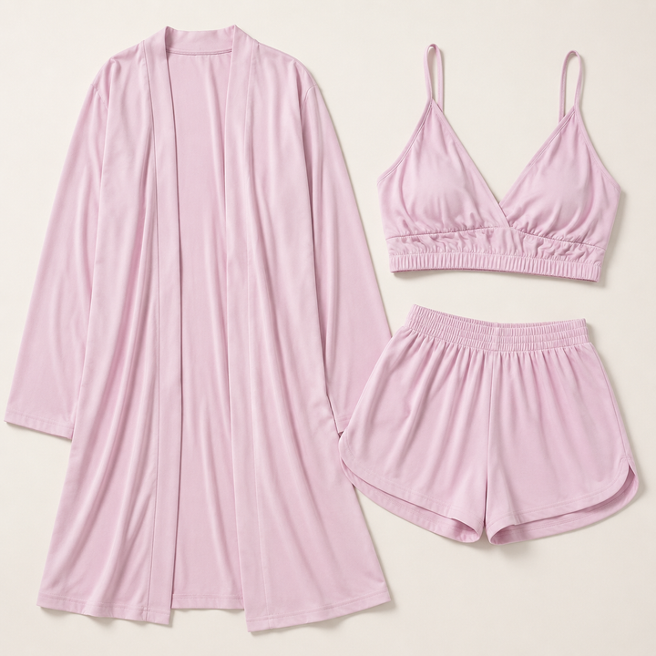 Cotton Robe Set for Women, 3 Piece with Bralette and Shorts
