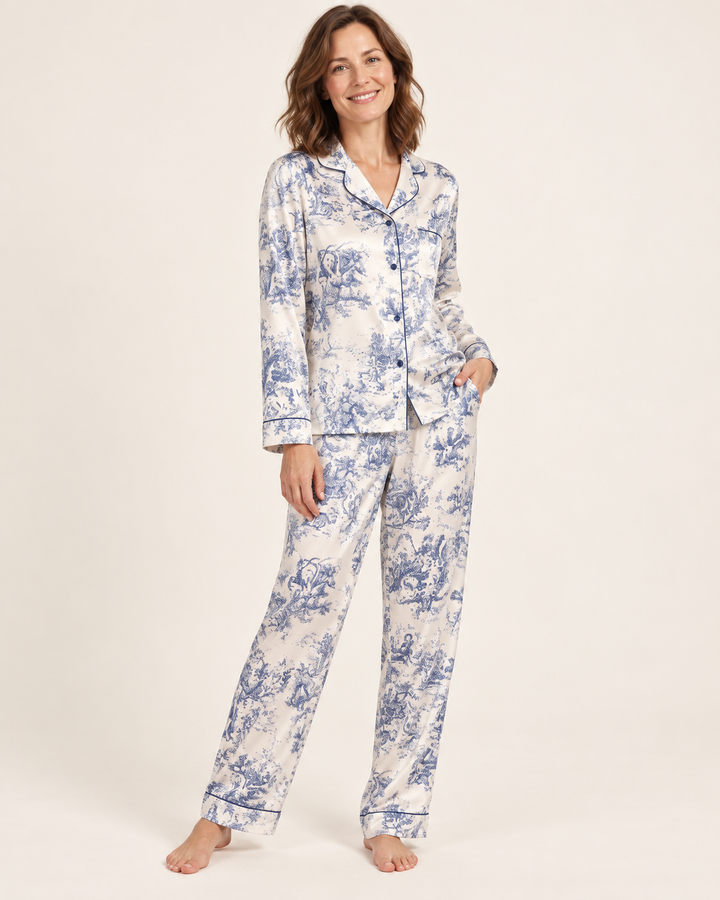Toile Print Satin Pajama Set for Women, Long Sleeve Button-Up