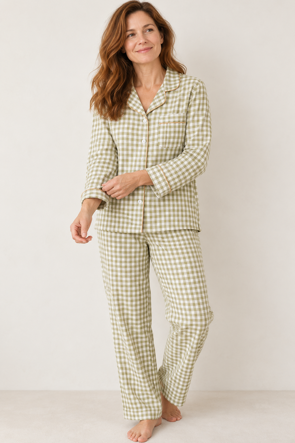 100% Cotton Double Gauze Pajama Set for Women, Plaid Long Sleeve