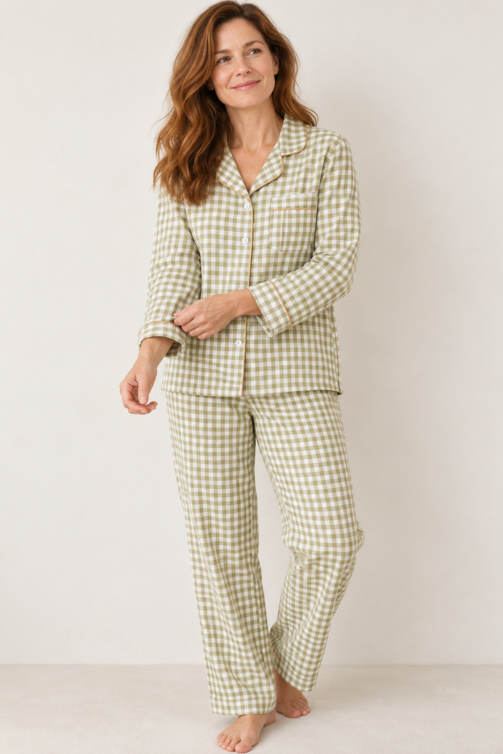 100% Cotton Double Gauze Pajama Set for Women, Plaid Long Sleeve
