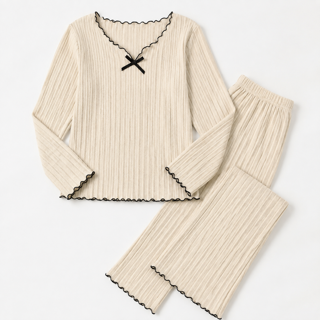 Ribbed Knit Lounge Set - Long Sleeve Top and Pants