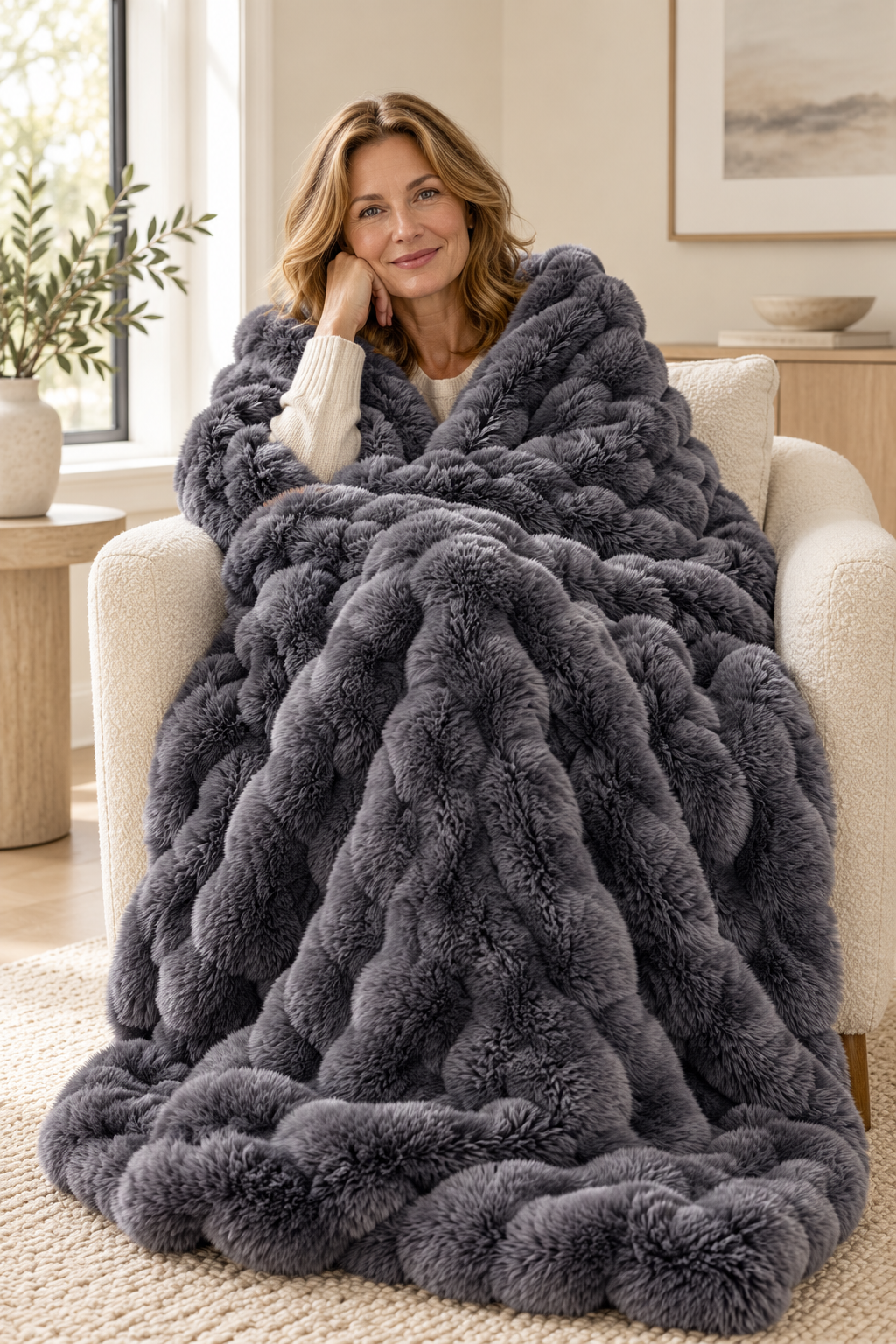 Faux Fur Throw Blanket, Cozy Plush Bubble Fleece 39 x 63 in