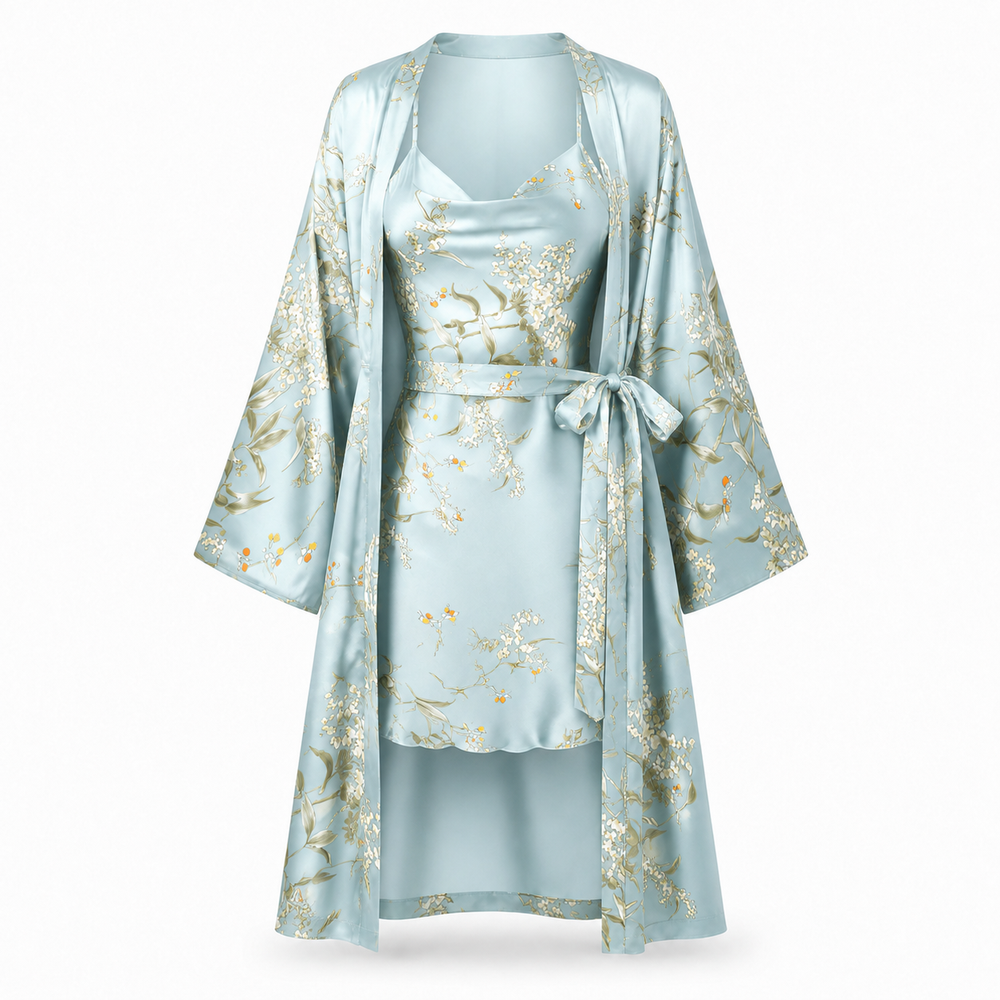 Three piece satin pajama set with lace trim cami and shorts