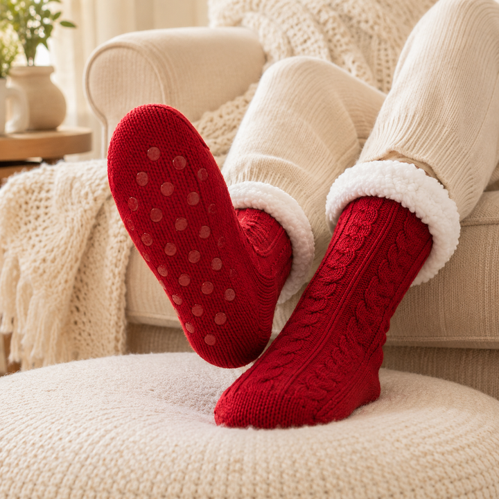 Cable Knit Slipper Socks - Sherpa Cuff, Non Slip