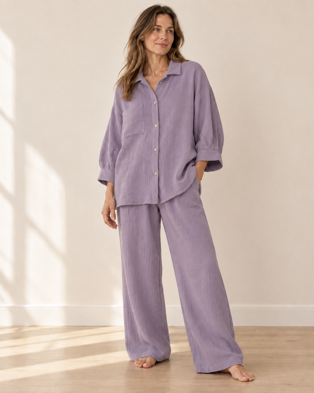 100% Cotton Muslin Lounge Set for Women, Shirt and Pants