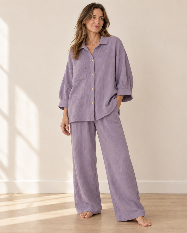 100% Cotton Muslin Lounge Set for Women, Shirt and Pants