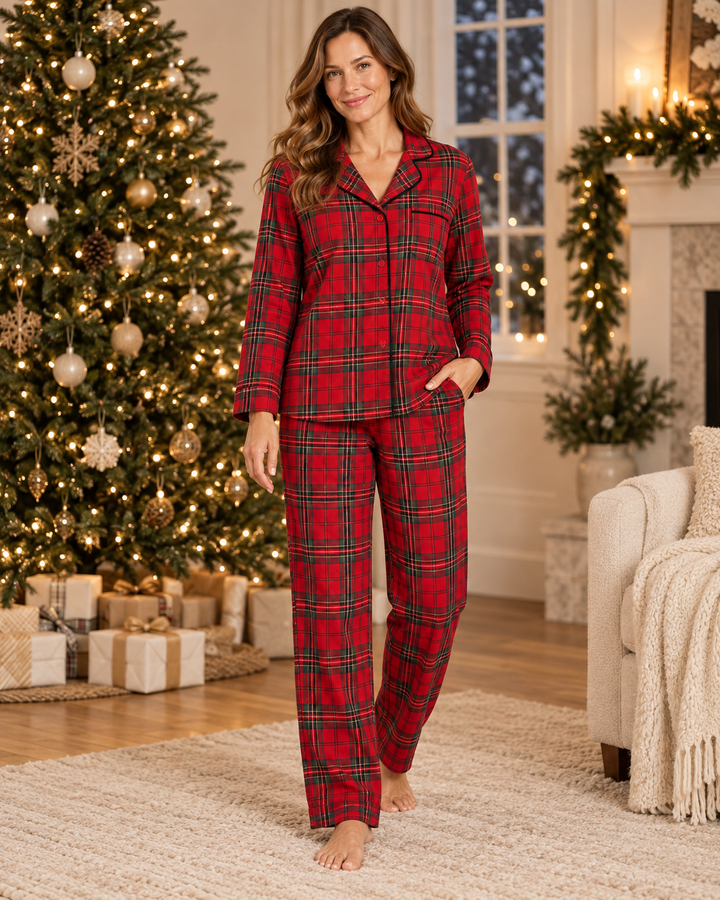 Red Plaid Christmas Pajama Set for Women, 100% Cotton