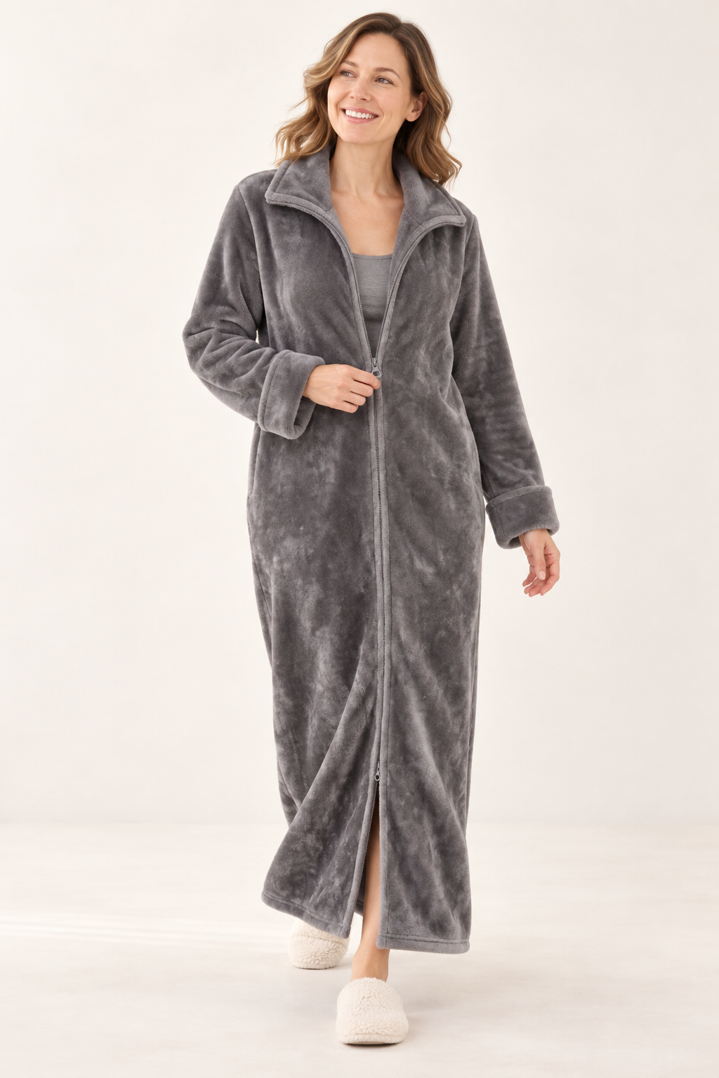 Long Zip-Front Flannel Fleece Robe for Women, Warm Housecoat