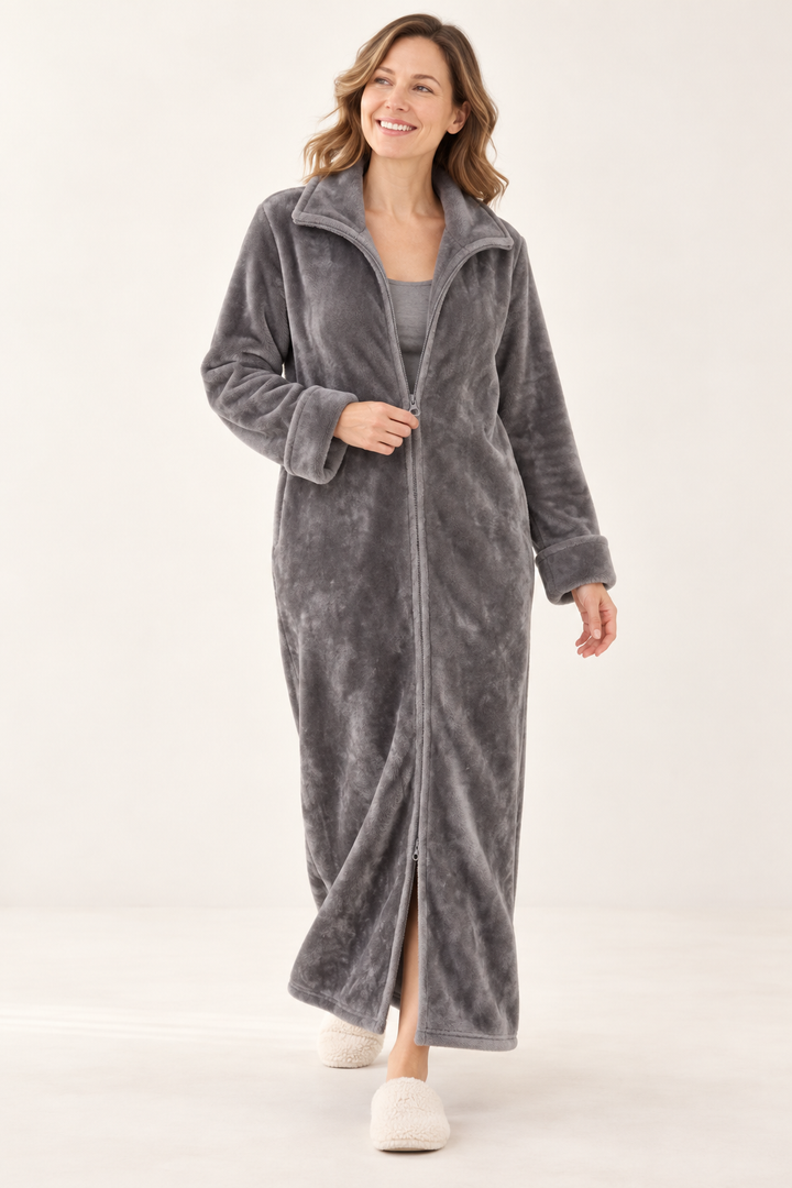 Long Zip-Front Flannel Fleece Robe for Women, Warm Housecoat